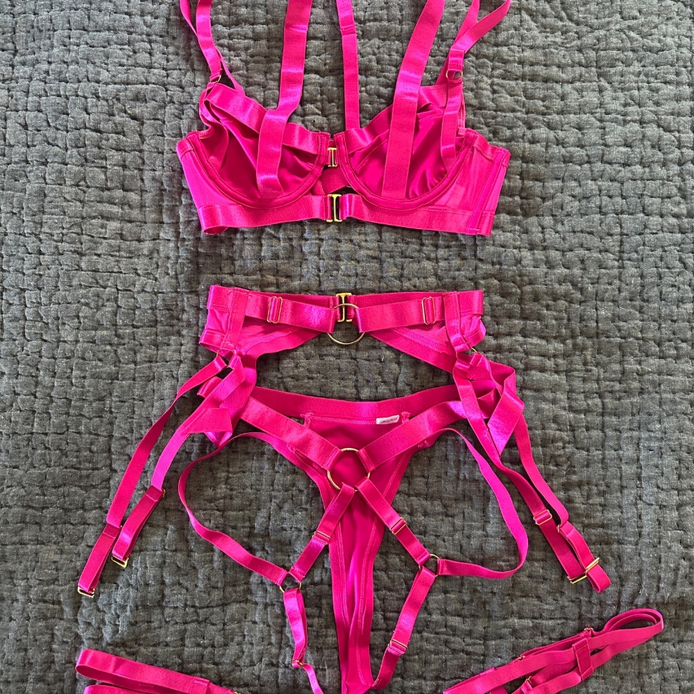 Kaei & Shi Neon Hot Pink Strappy Lingerie Set NEW